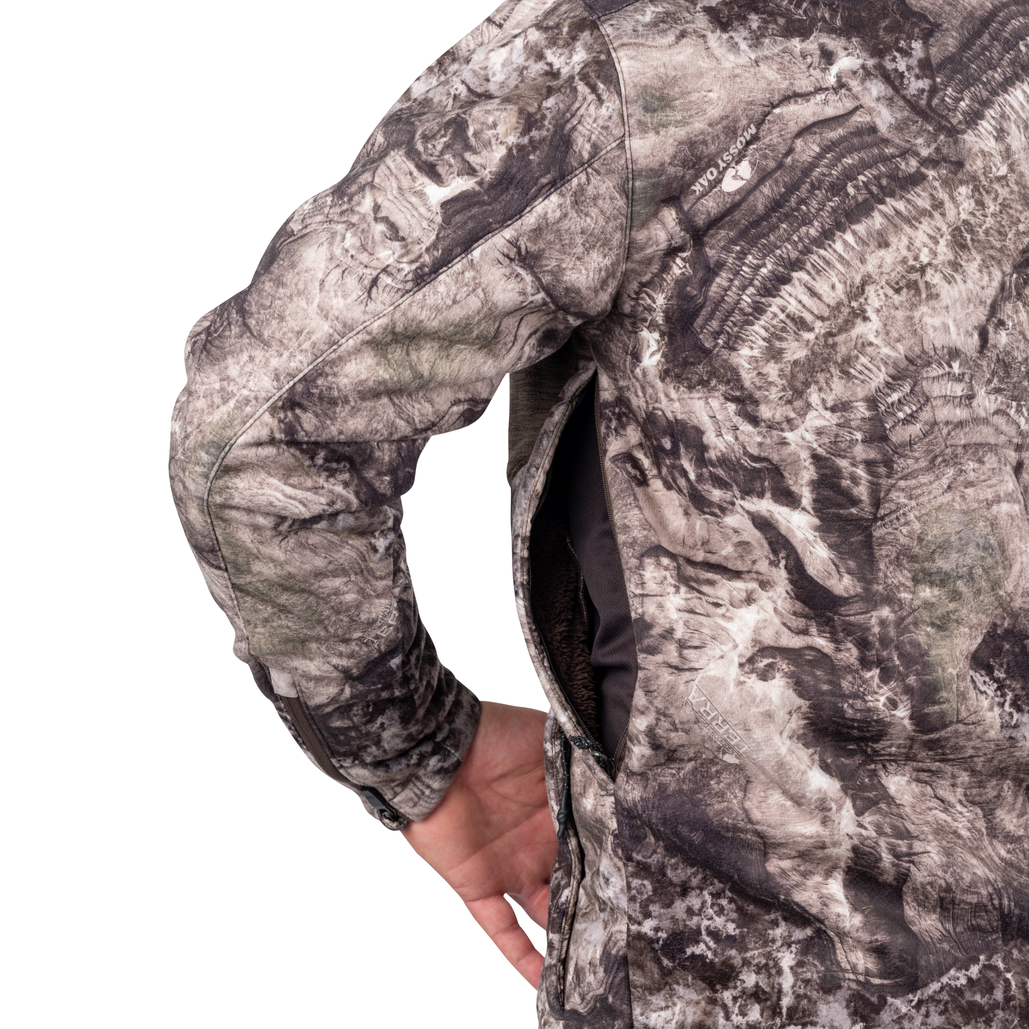 Men’s Shadow Series Windproof Fleece Jacket Mossy Oak Coyote side venting