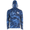 MLF Men's Camo Hooded Performance Layer with Gaiter Agua Blue Front on form