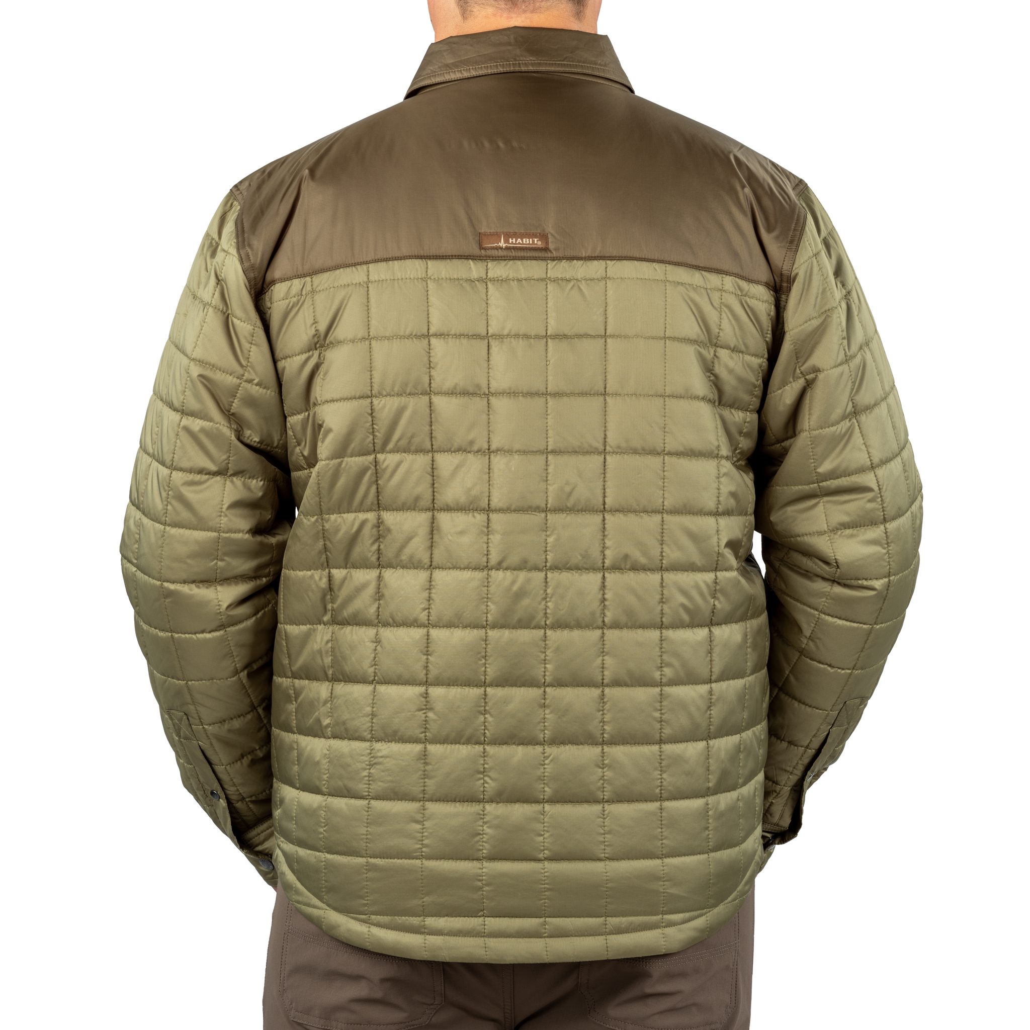 Men's Quilted Snap Front Shirt Jacket Loden Green back on model
