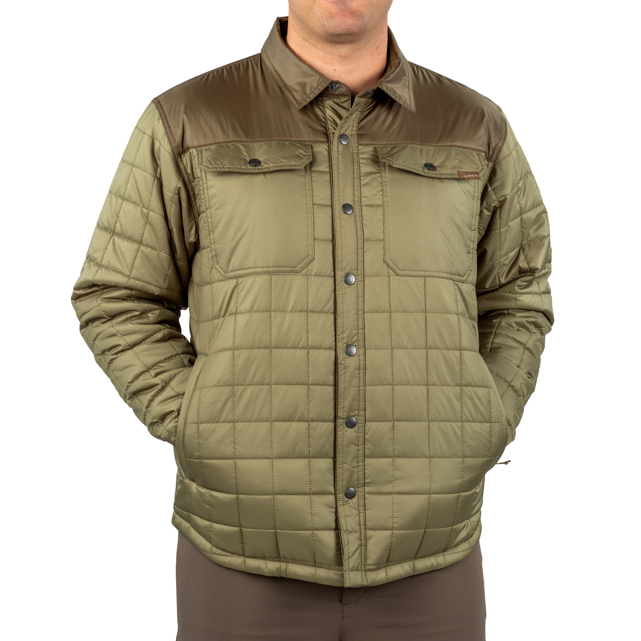 Men's Quilted Snap Front Shirt Jacket Loden Green hand pockets