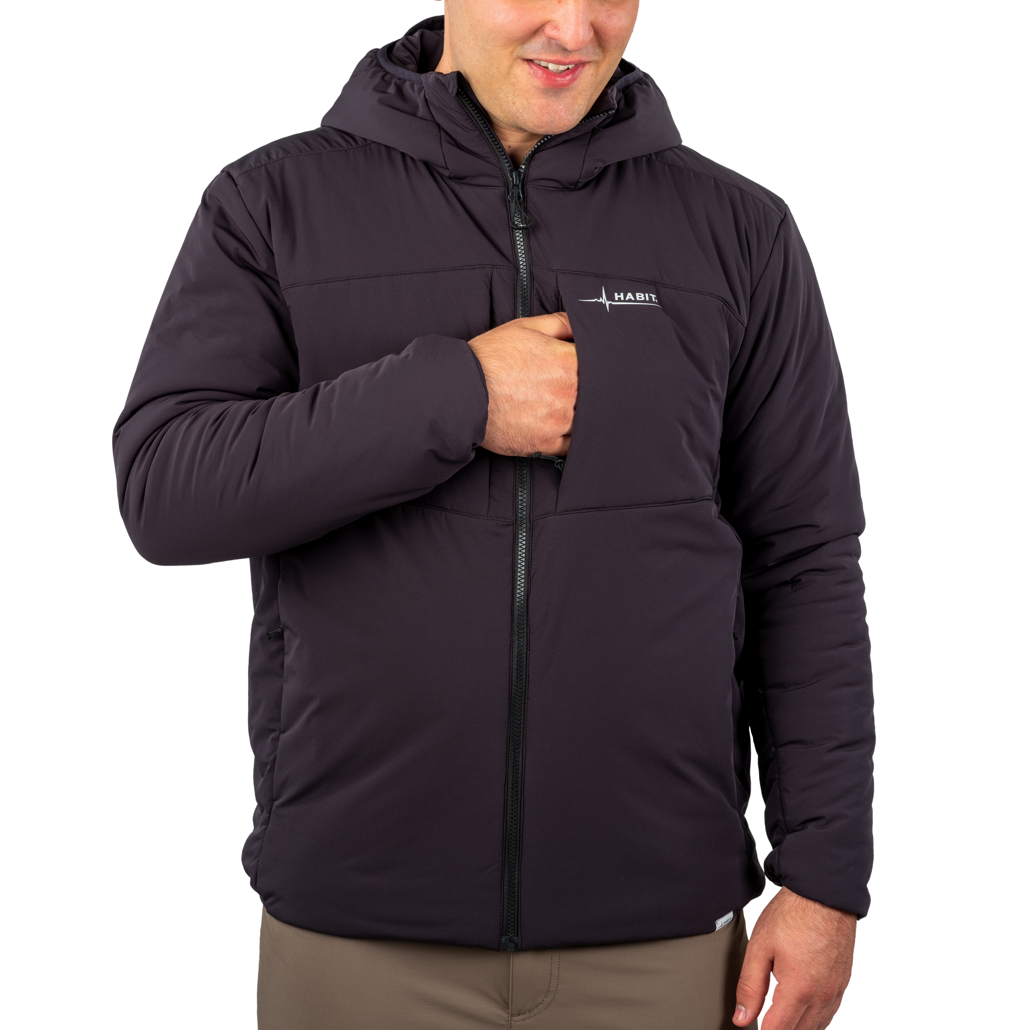 Men's Stretch Insulation Hooded Jacket Black chest pocket