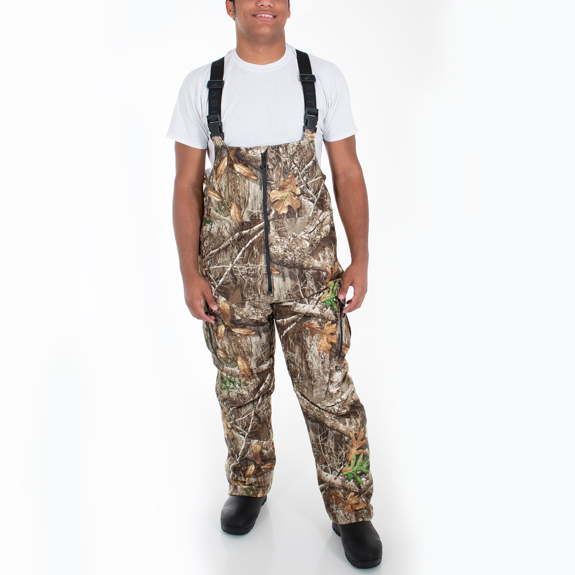 Men's Country Trek Stretch Waterproof Insulated Bib Realtree Edge front on model