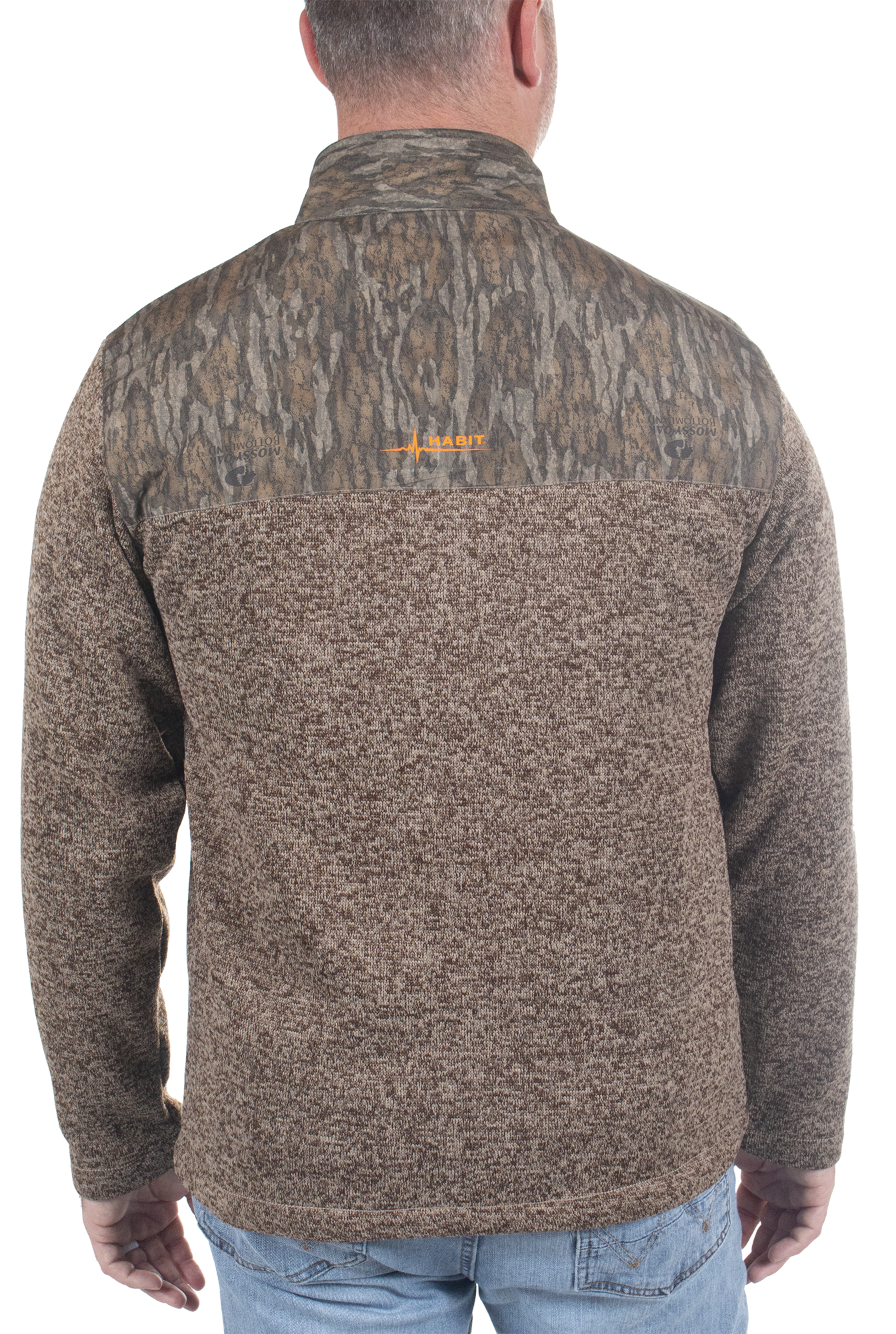 Men's Crater Valley Sweater Fleece Quarter Zip Jacket Mossy Oak New Bottomland back on model view