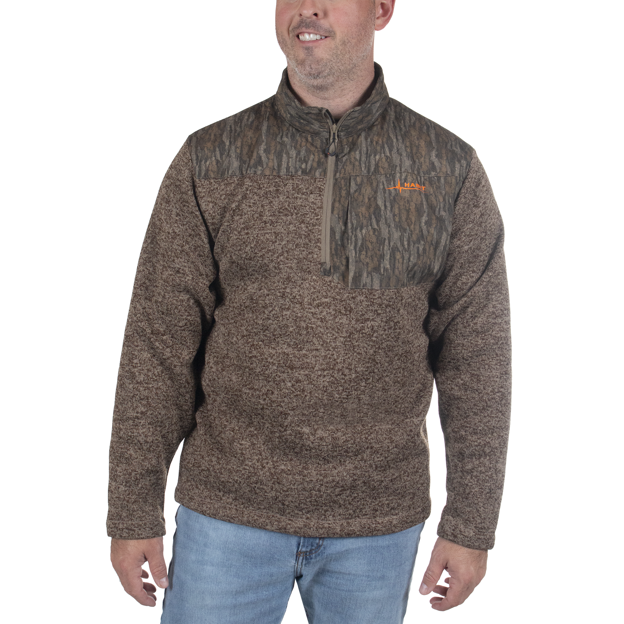 Men's Crater Valley Sweater Fleece Quarter Zip Jacket Mossy Oak New Bottomland Front on model view
