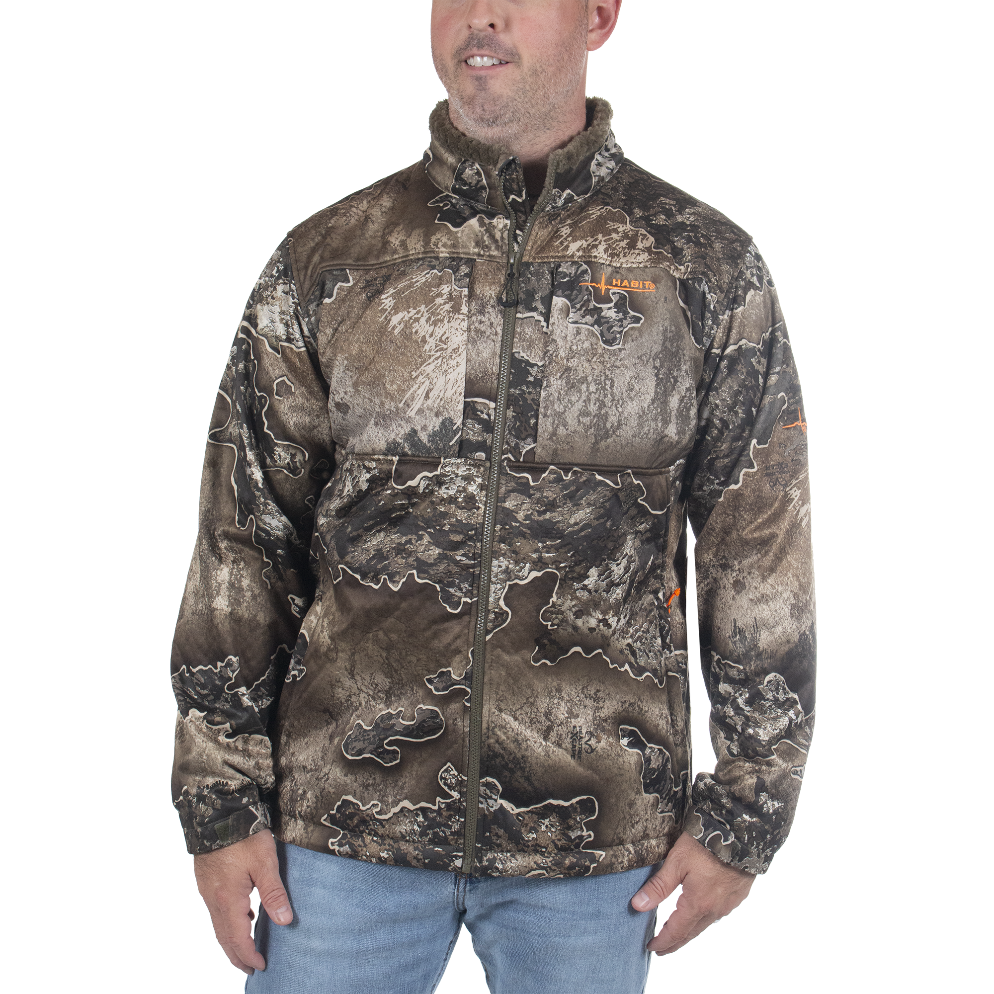 Men's Early Dawn Sherpa Shell Jacket Realtree Excape Front on model