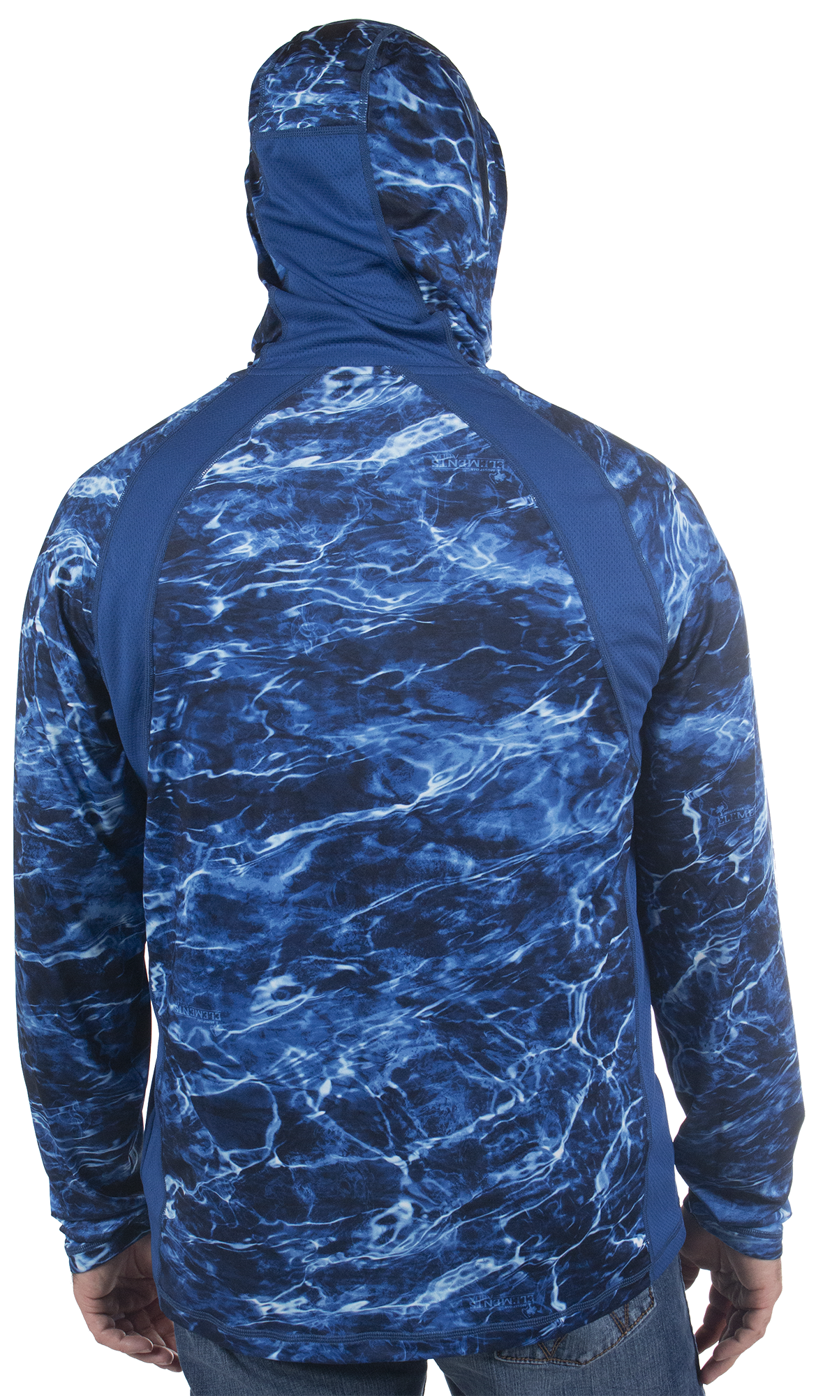 MLF Men's Camo Hooded Performance Layer with Gaiter Agua Blue Back hood up