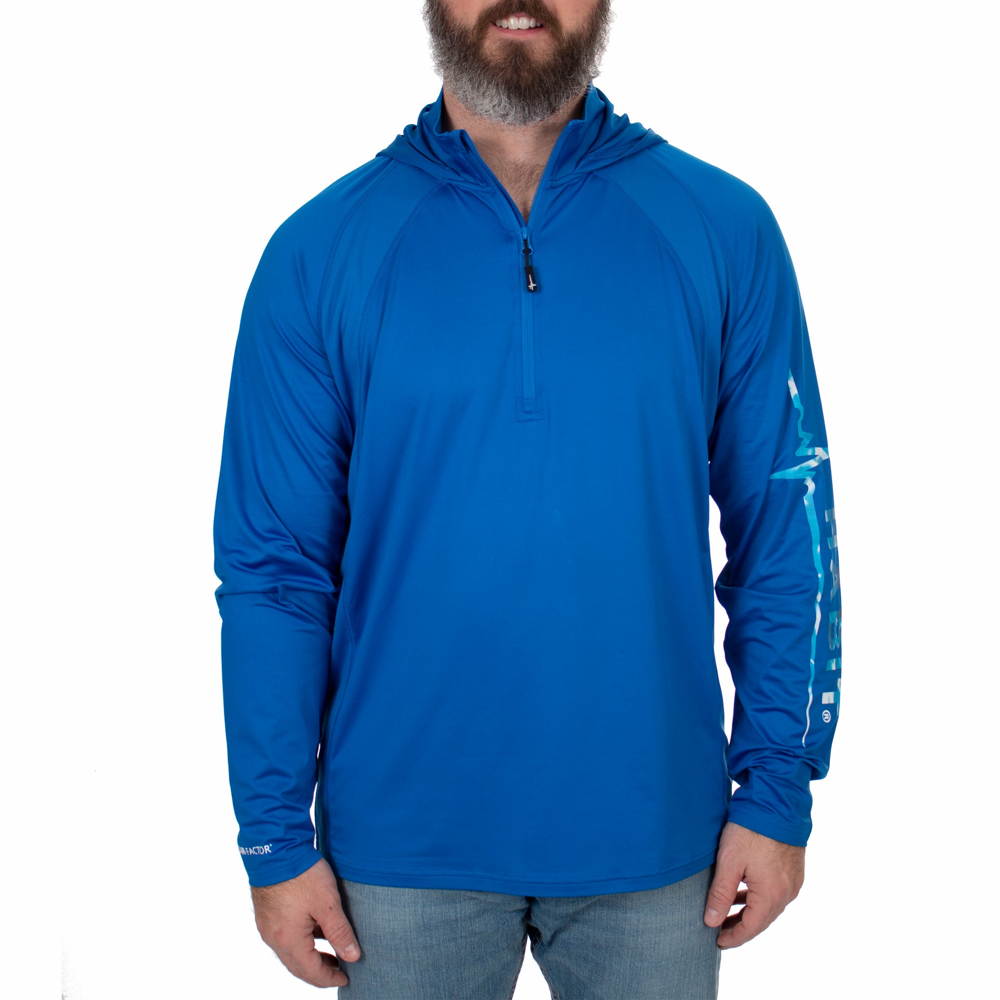 Men's Hooded 1/4 Zip Performance Layer Marlin Blue Front on model