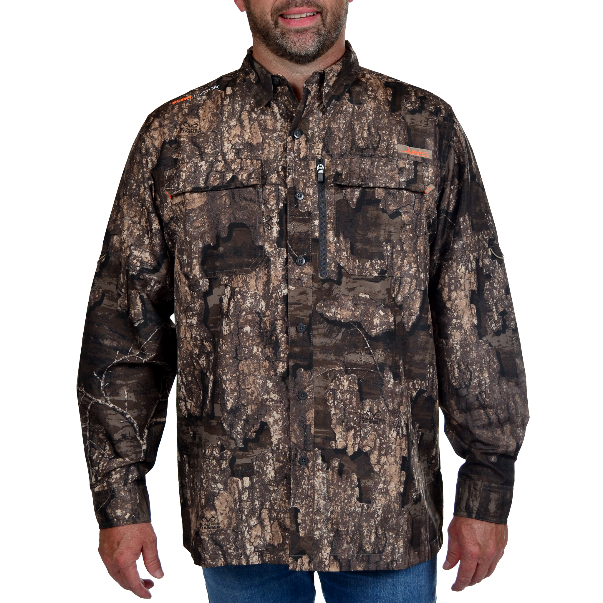 Men's Hatcher Pass Long Sleeve Camo Guide Shirt Realtree Timber Front on model