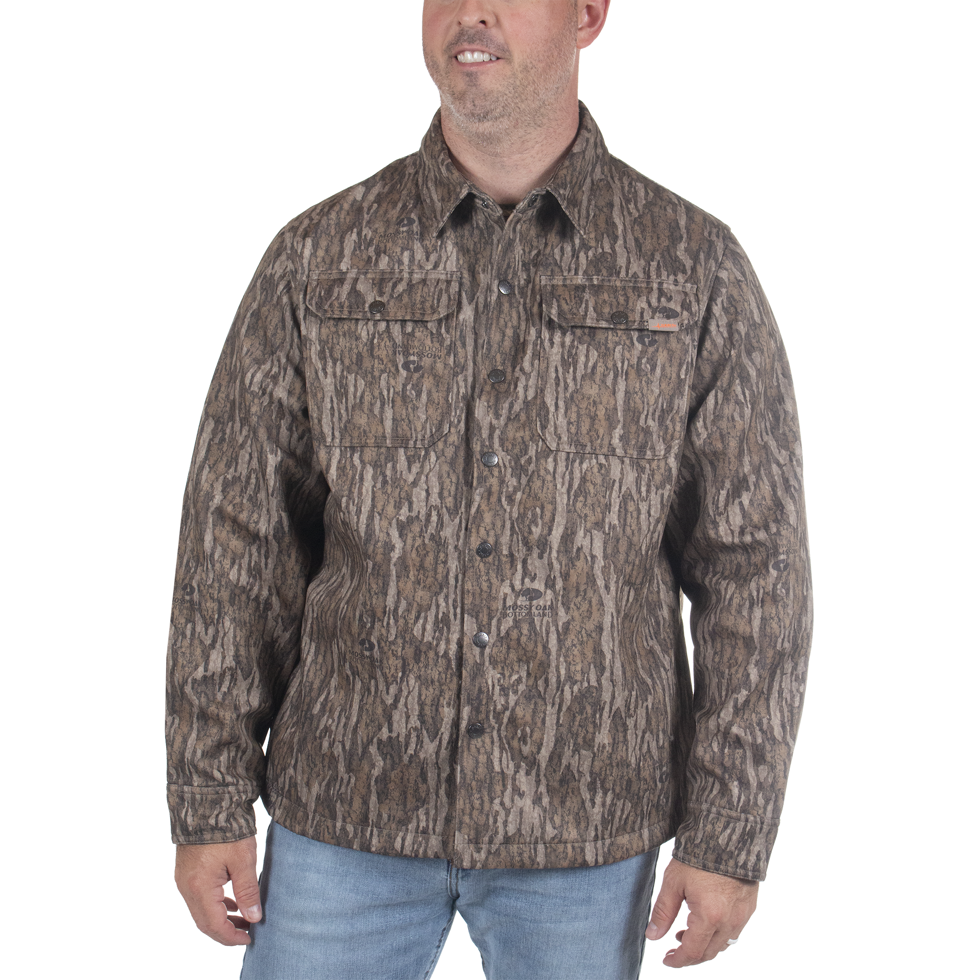 Men's Bowslayer Shirt Jacket Mossy Oak New Bottomland front on model view