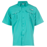 Men’s Fourche Mountain Short Sleeve River Guide Fishing Shirt Bright Aqua front on model