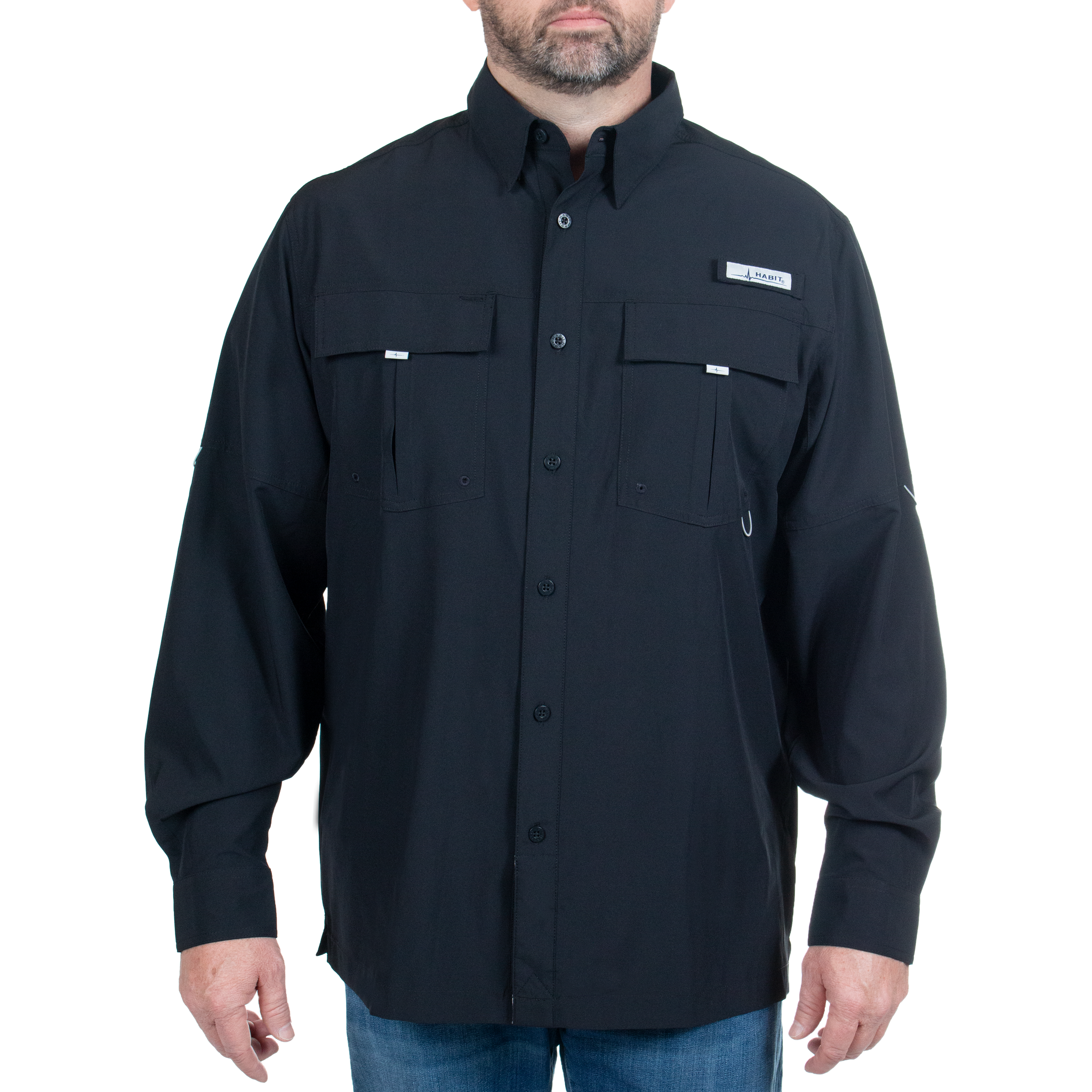 Men’s Forage River Long Sleeve River Guide Fishing Shirt Black front on model