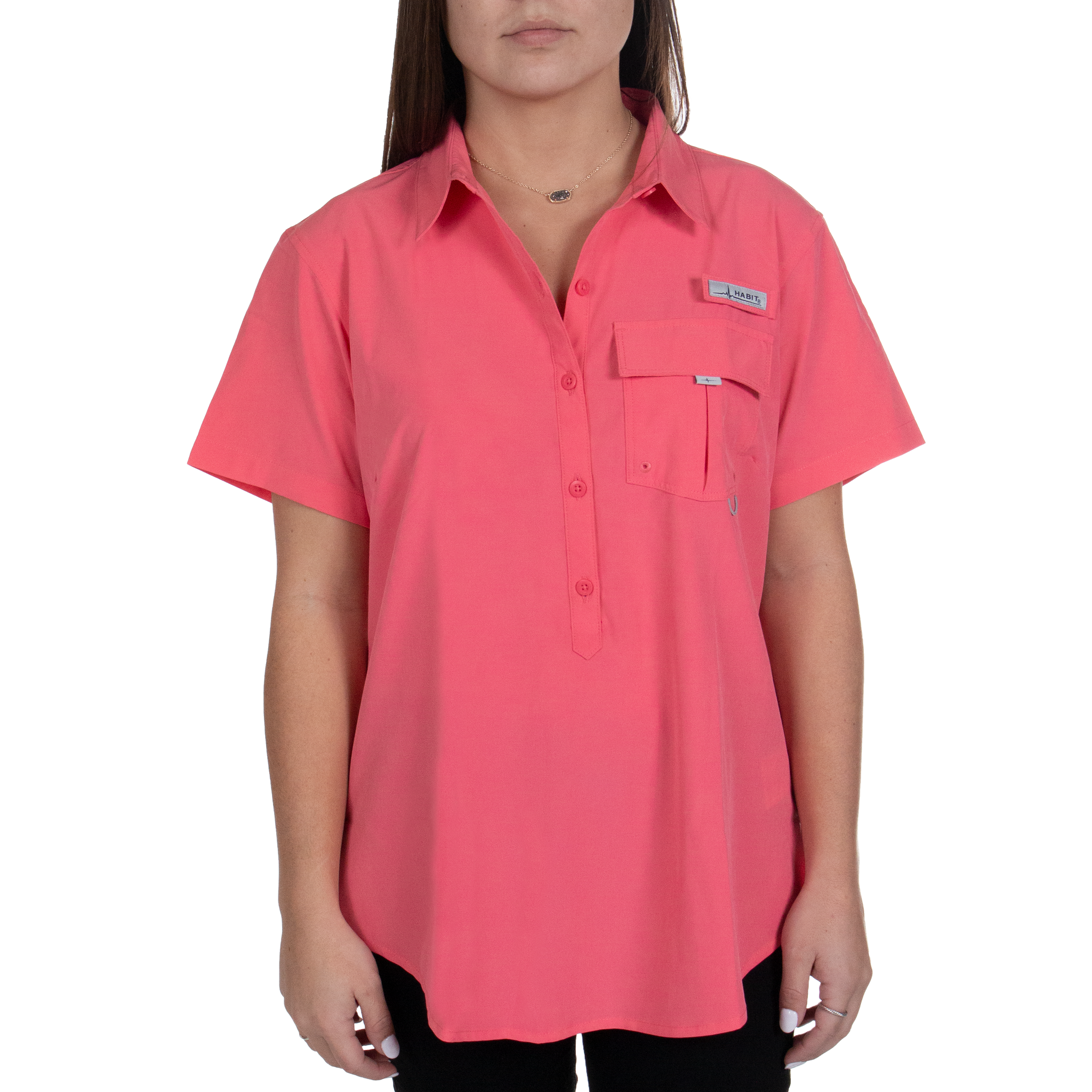 Women’s Trapper Junction Short Sleeve River Shirt Calypso Coral front on model