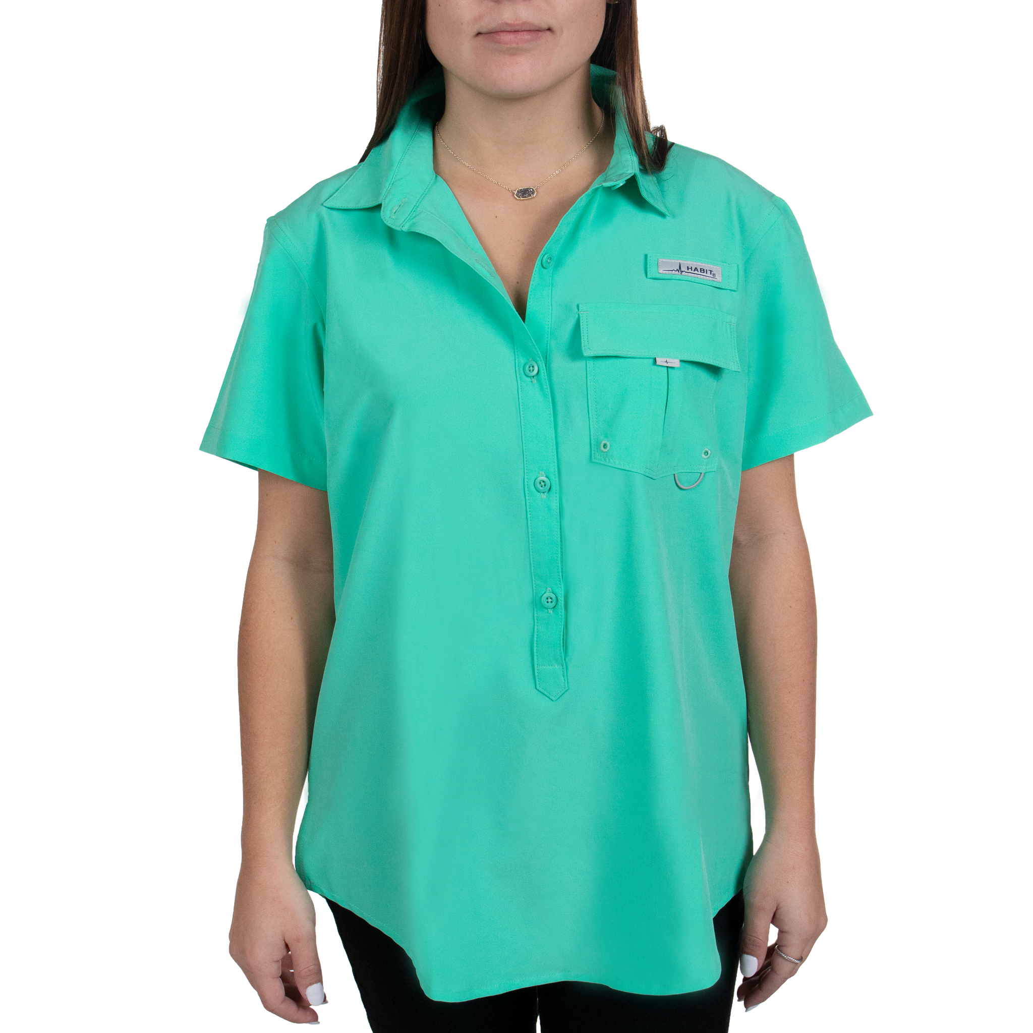 Women’s Trapper Junction Short Sleeve River Shirt Spearmint front on model