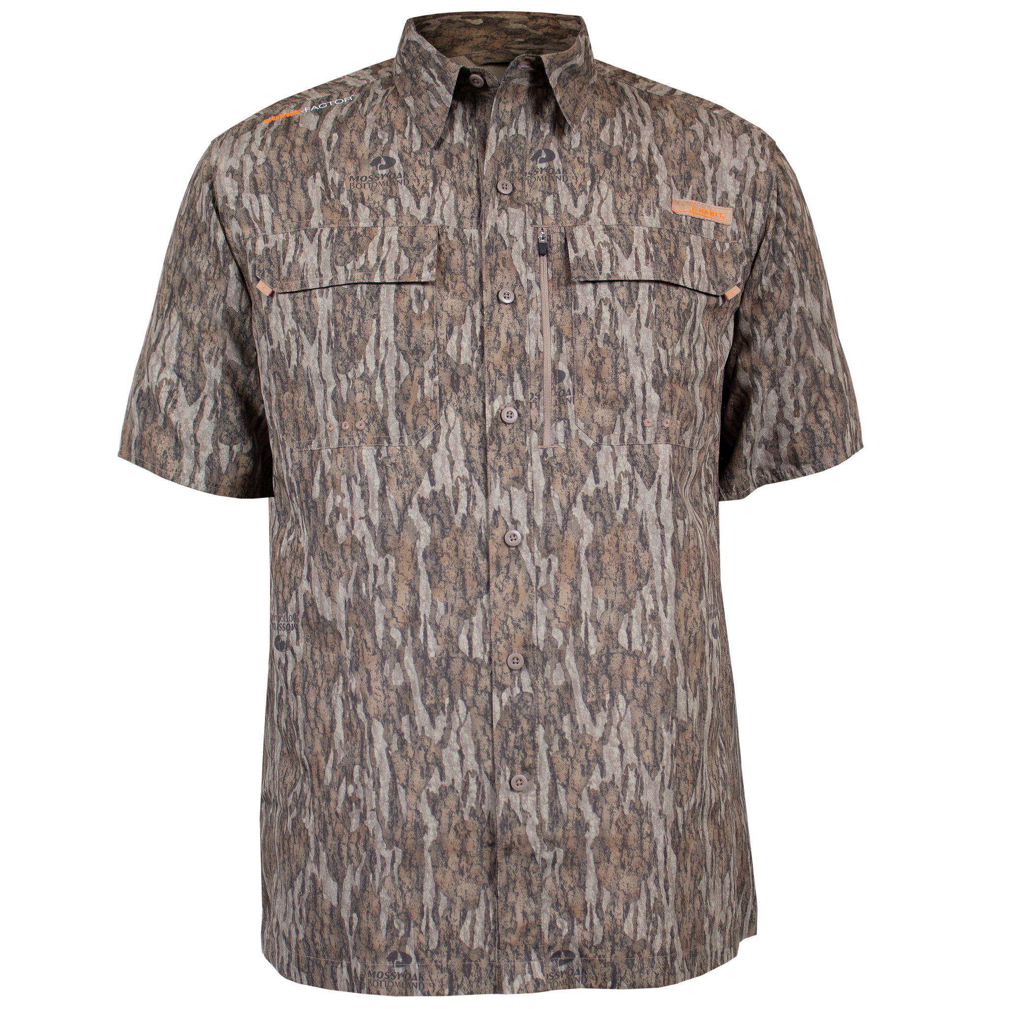 Men's Hatcher Pass Short Sleeve Camo Guide Shirt Mossy Oak New Bottomland Front on form