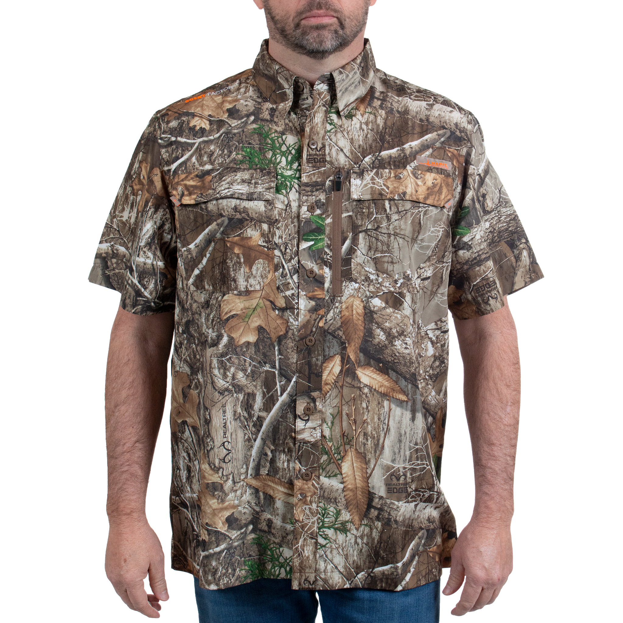 Men's Hatcher Pass Short Sleeve Camo Guide Shirt Realtree Edge Front on model
