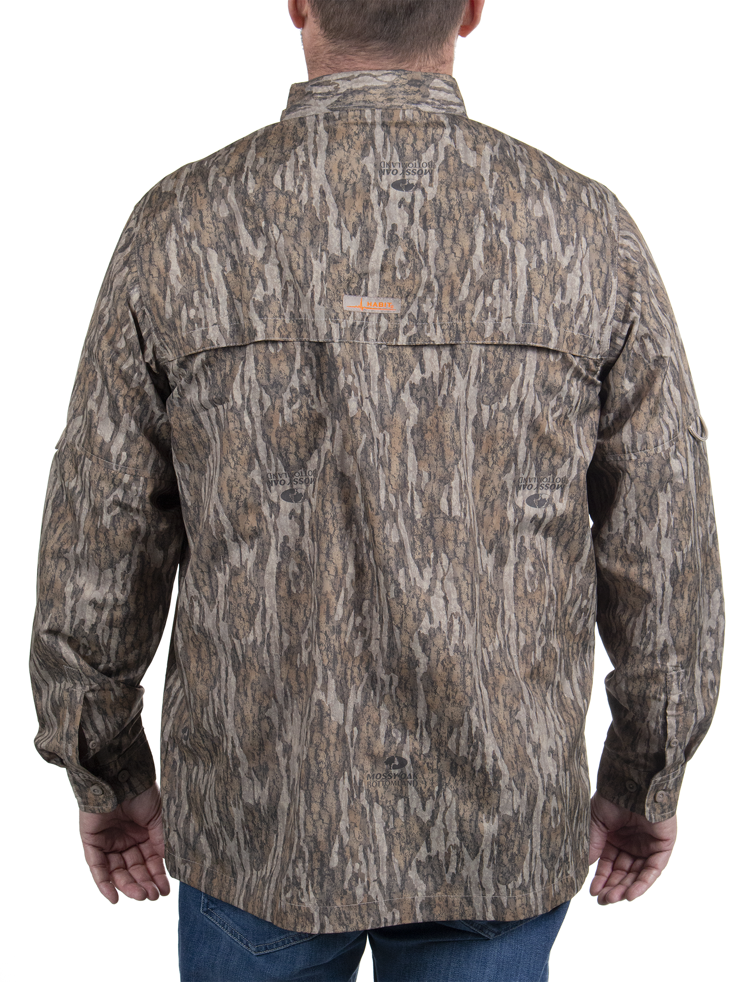 Men's Hatcher Pass Long Sleeve Camo Guide Shirt Mossy Oak New Bottomland back on model