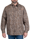 Men's Hatcher Pass Long Sleeve Camo Guide Shirt Mossy Oak New Bottomland Front on model