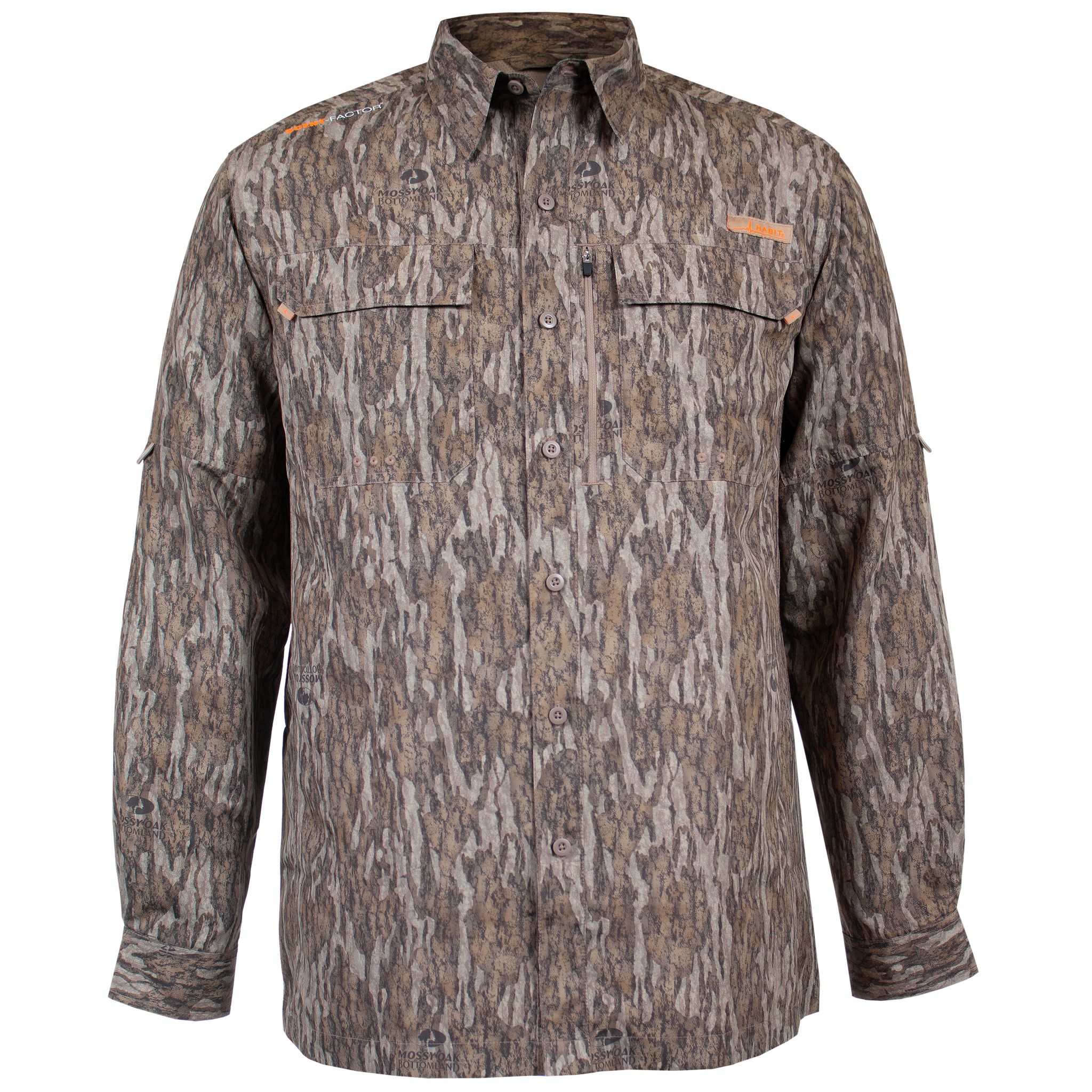 Men's Hatcher Pass Long Sleeve Camo Guide Shirt Mossy Oak New Bottomland Front on form