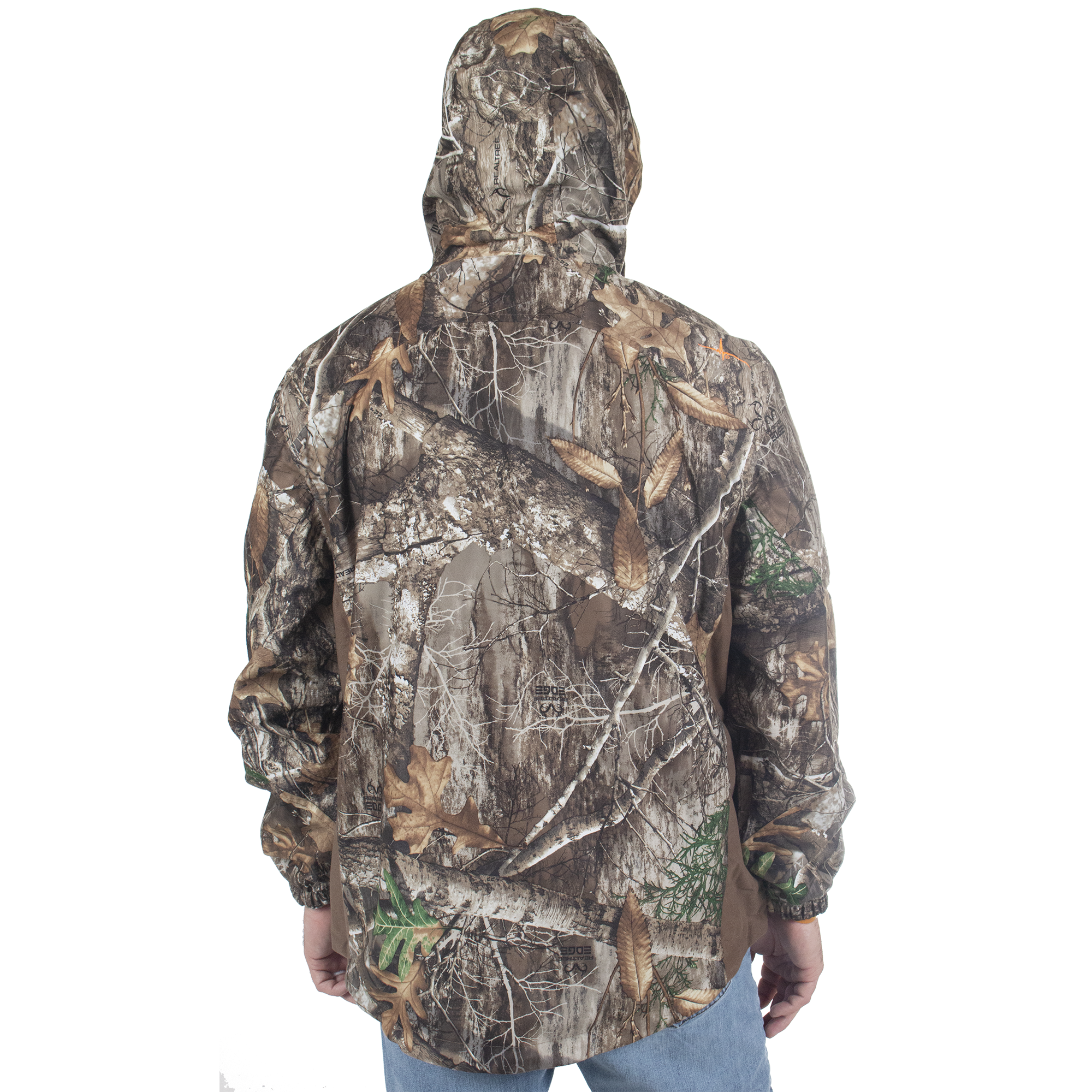 Men's Buck Hollow Waterproof Jacket Realtree Edge back with hood up on model view